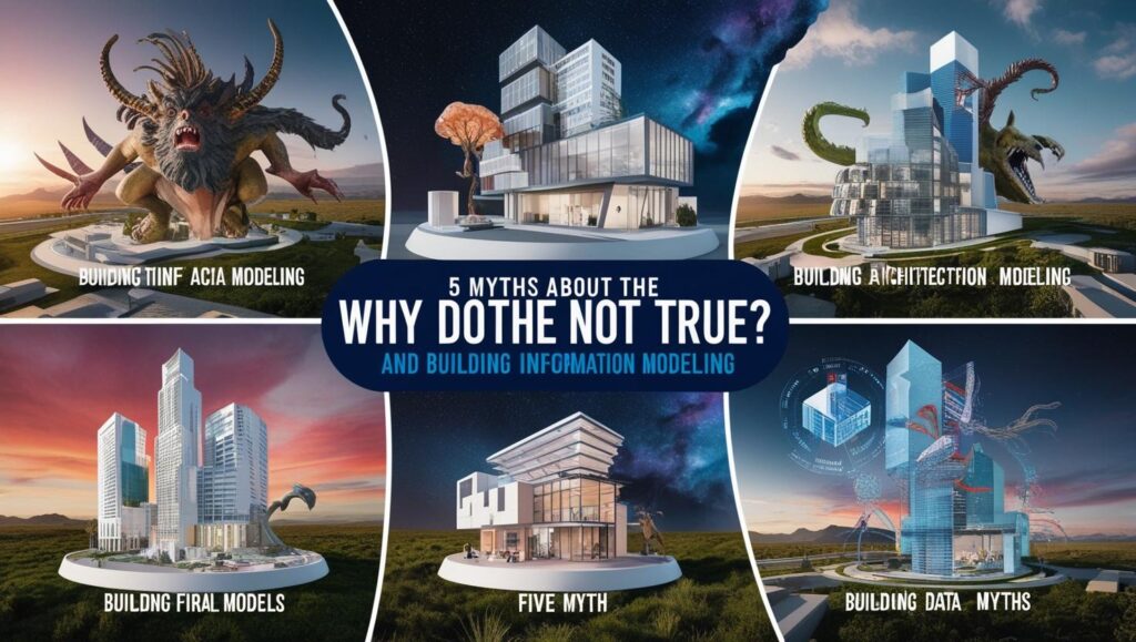 A surreal and creative cinematic depiction of 5 Myths About BIM and Why They Are Not True, illustrated through imaginative, photorealistic details. Each myth is visually represented with a dynamic composition, using creative photography techniques to showcase the falsehood of each misconception. The overall aesthetic is a blend of photorealism and surrealism, with a vibrant color palette and dramatic lighting to highlight the contrast between myth and reality. The layout features five distinct sections, each framed individually to emphasize its specific myth and refutation, within a cohesive overall cinematic presentation.