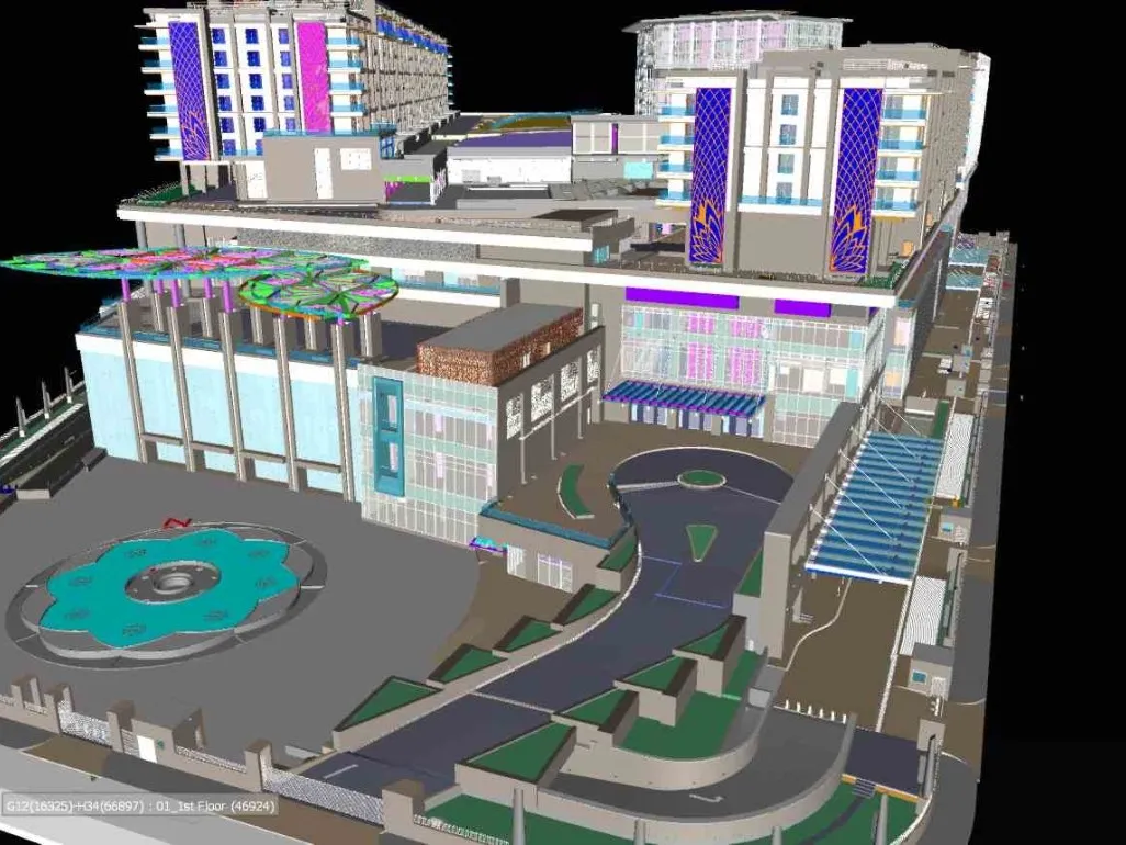 BIM-generated interior design of a commercial office in New York, displaying HVAC, lighting, and plumbing system integration.