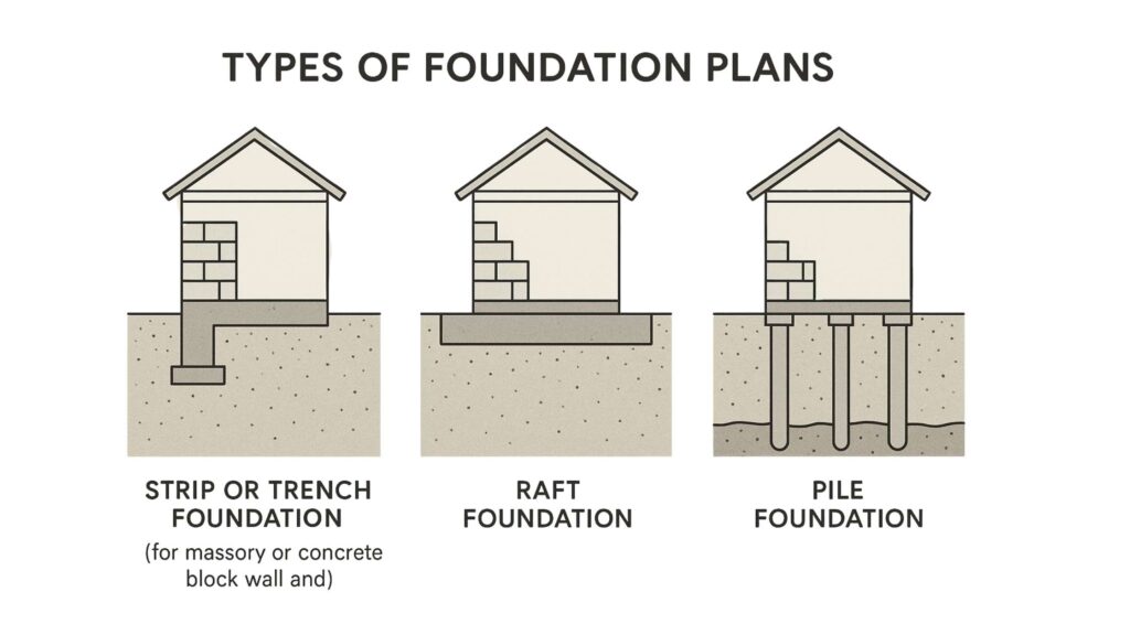 Types of Foundation Plans
Foundation is the base and the most important part of any construction. It withstands the building's entire load, keeping everything stable and long-lasting. Mainly, foundation plans come in three types, depending on the construction needs, soil conditions, building loads, etc.
