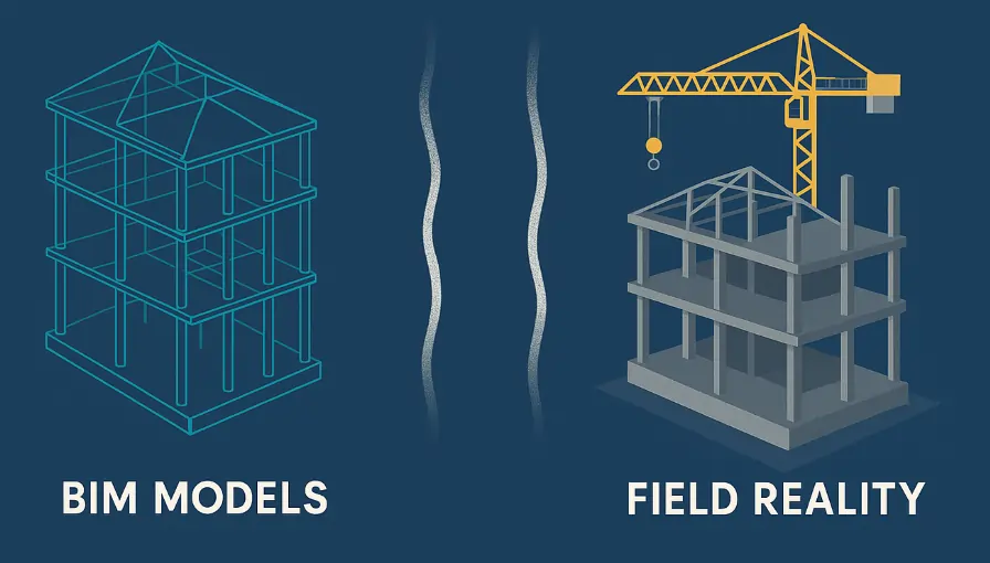 Construction worker dealing with field clashes and installation discrepancies not shown in the BIM model.