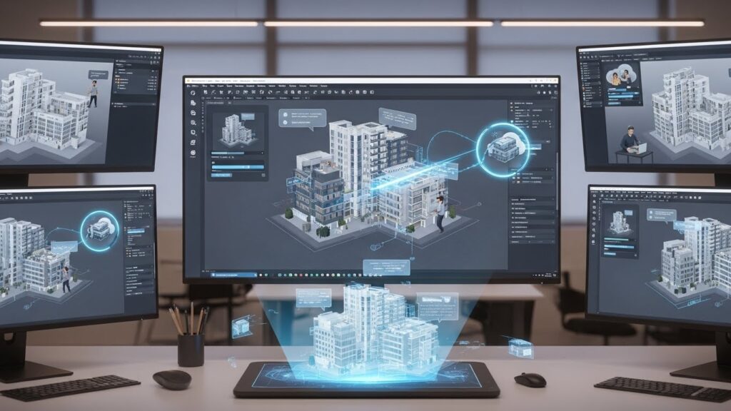 Future of Revit automation 2026,
AI assisted BIM workflows end to end,
connected models, cloud collaboration,
high realism, professional AEC visualization