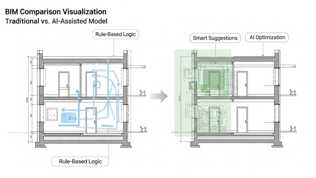 Traditional parametric Revit BIM model transitioning into intelligent AI assisted modeling workflow