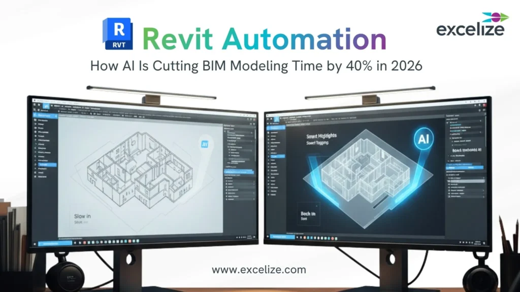 AI powered Revit automation showing dual monitor BIM workflow that reduces modeling time by 40 percent in 2026