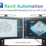 AI powered Revit automation showing dual monitor BIM workflow that reduces modeling time by 40 percent in 2026