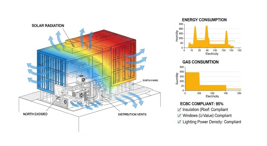 Isometric 3D BIM model of a commercial building showing exposed HVAC systems, structural framework, and energy performance dashboards, including thermal analysis and energy study charts on a white background.