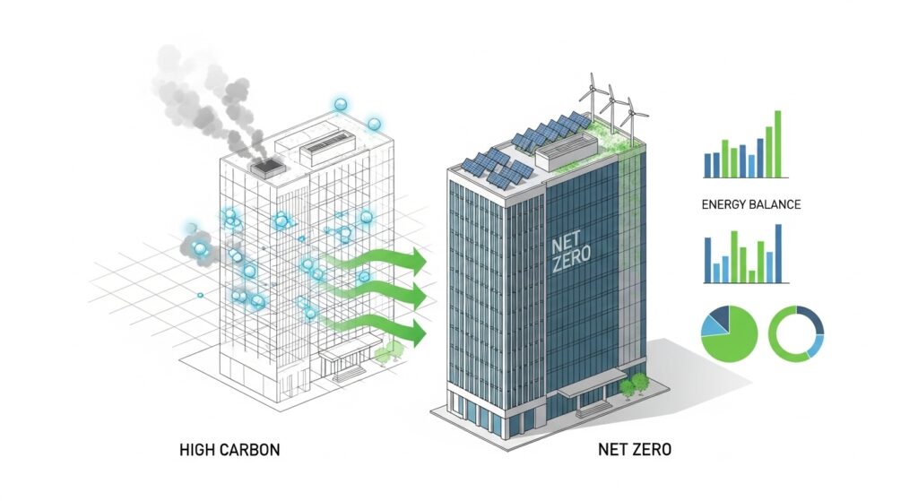 Illustration comparing a high-carbon commercial building with smoke emissions to a net zero building featuring solar panels and wind turbines, with energy balance charts and sustainability performance graphs on a white background.