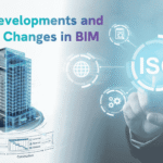 Construction professionals reviewing BIM models on large digital screen in modern site office