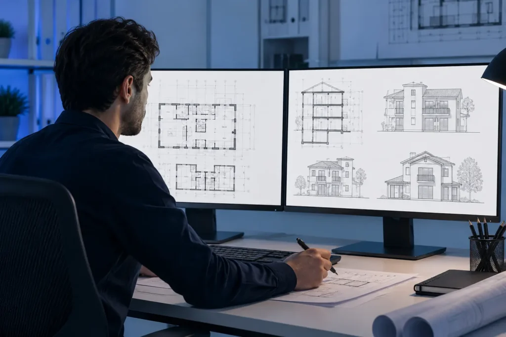 Architect using AutoCAD software for 2D floor plan drafting on workstation