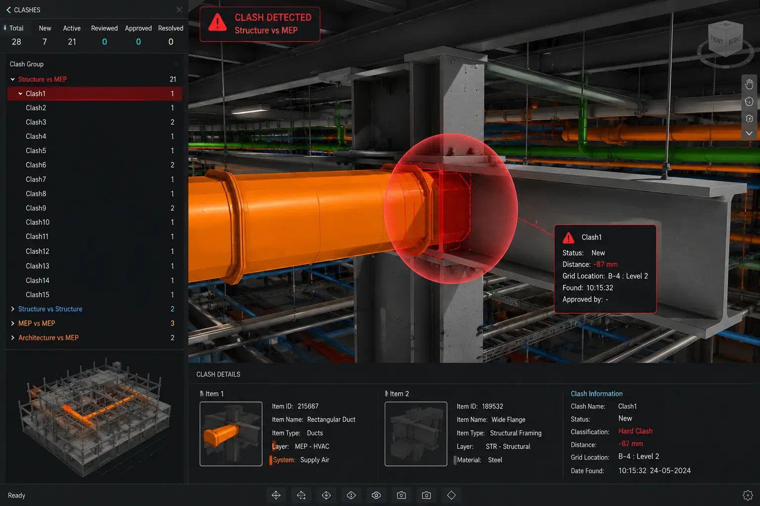 BIM Clash Detection and Resolution — Navisworks federated model MEP structural clash conflicts