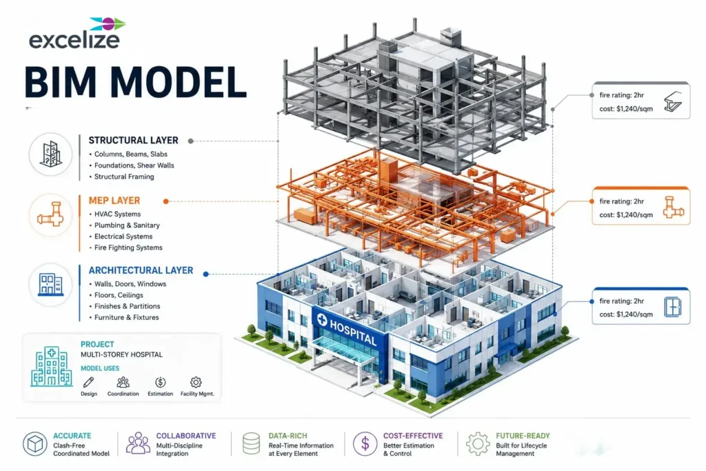 Isometric 3D BIM model with data layers showing architecture structure and MEP