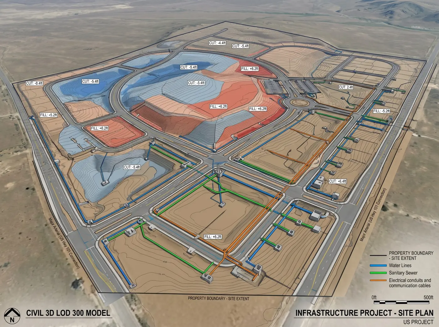 Site Utility Infrastructure BIM Modeling USA – Terrain Modeling Cut Fill Analysis Civil 3D Revit