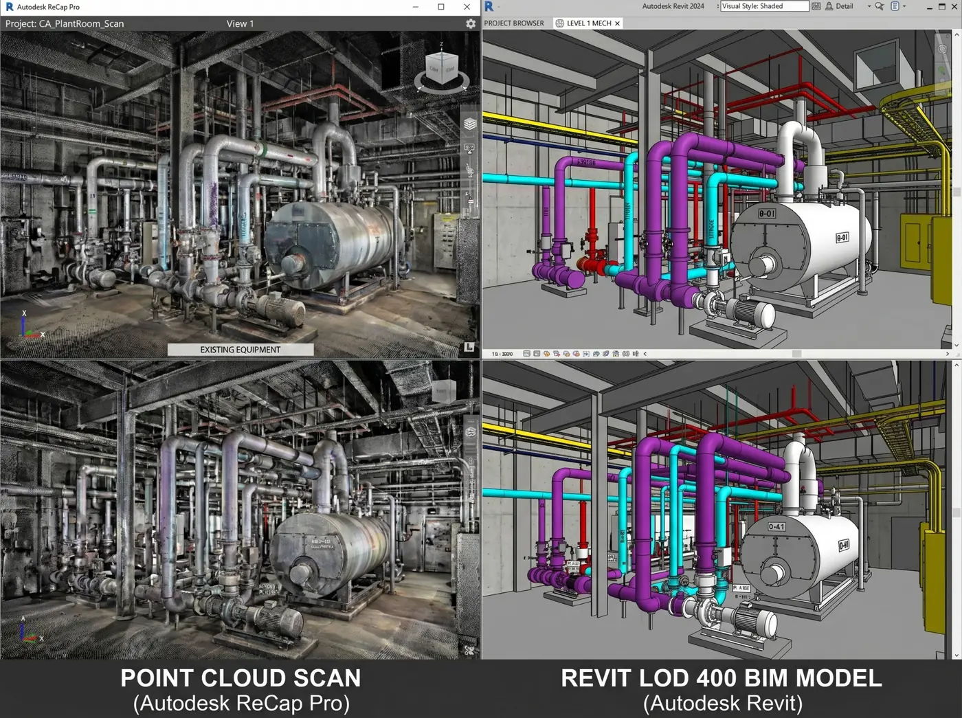 Scan to BIM Mechanical Plant Room LOD 400 Redwood Blvd California USA – Point Cloud MEPF Revit ReCap