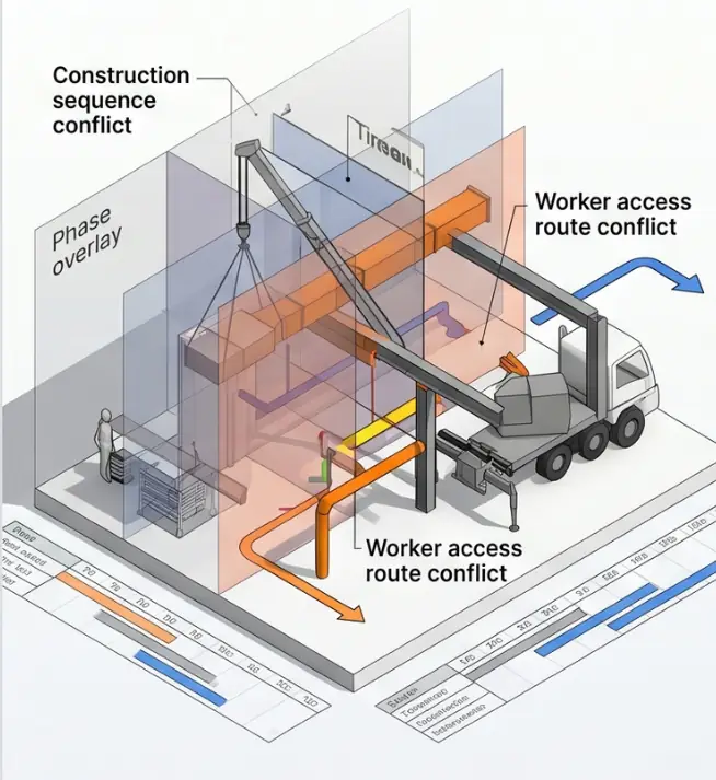 4D Workflow Clash — scheduling and sequencing conflict