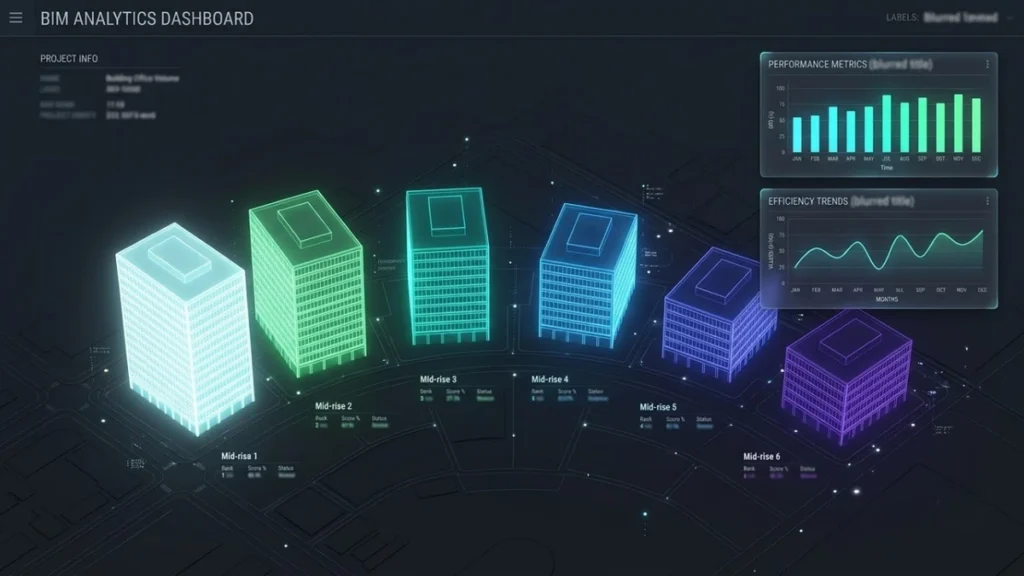 BIM analytics dashboard ranking six mid-rise office buildings by performance metrics for ROI analysis