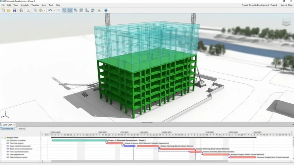 4D BIM simulation showing a building under construction with completed floors solid and upcoming floors as wireframe, linked to a Gantt schedule