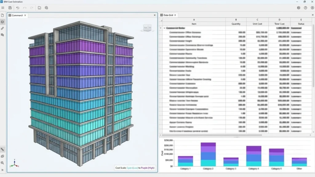 5D BIM cost estimation software showing a commercial building colour-coded by cost alongside a quantity data grid