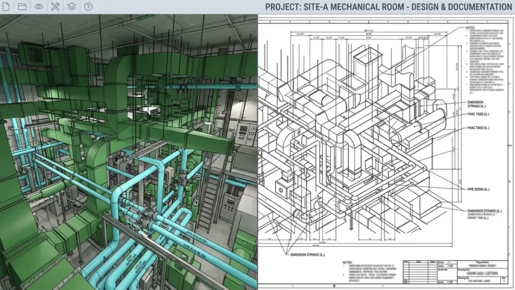 Coordinated 3D MEP mechanical room model beside the 2D shop drawing sheet generated from it