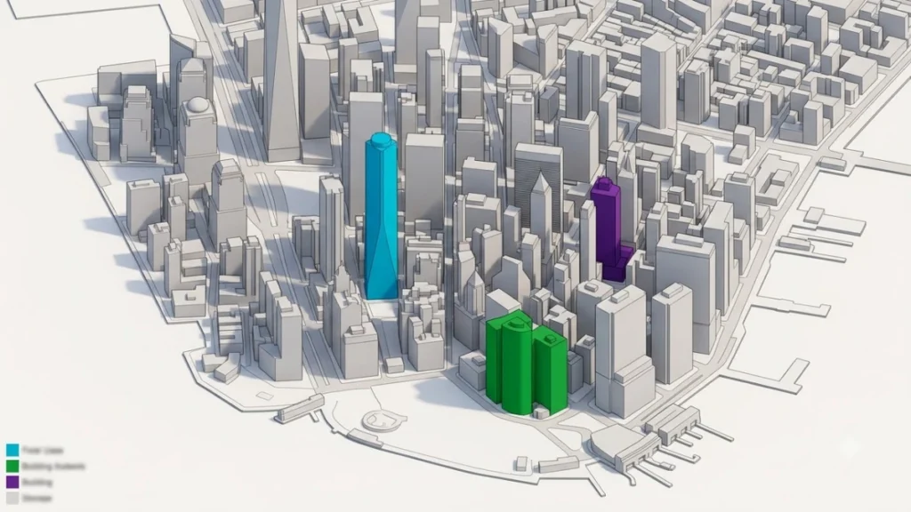 Aerial BIM model of a Boston waterfront downtown district with three towers highlighted for coordination