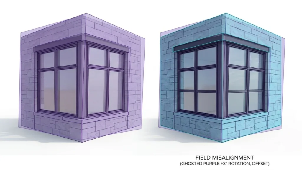 Two overlapping building corner models slightly offset from each other, showing the gap between BIM model and field reality