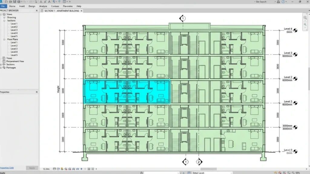 BIM section view of a five-storey apartment building with one repeated typical unit highlighted across floors