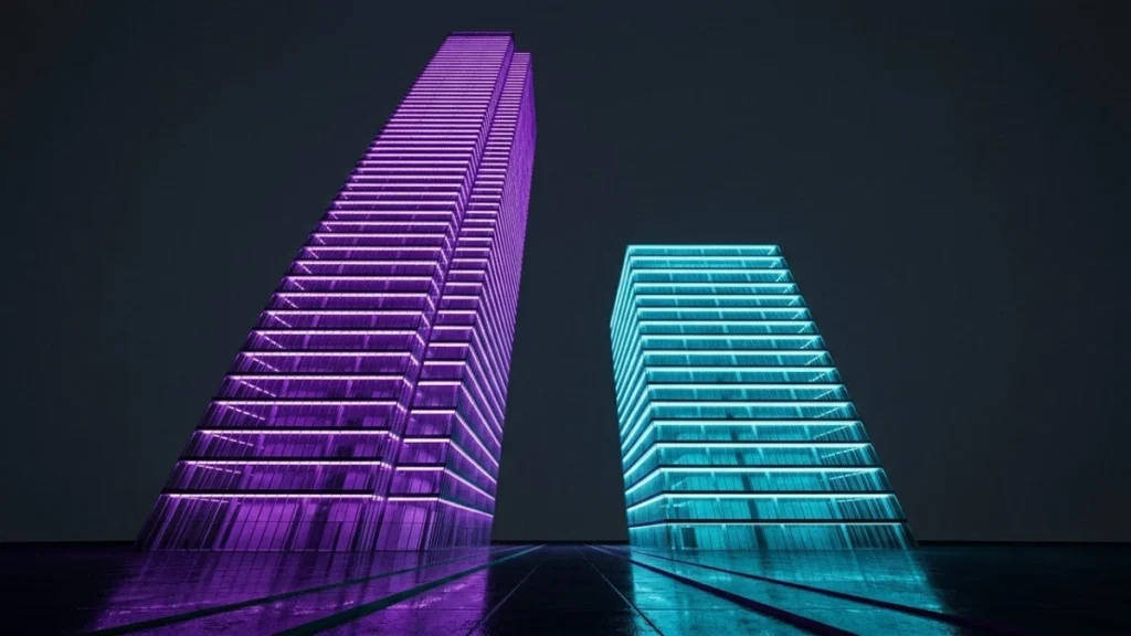 Two building volumes at different heights comparing in-house versus outsourced BIM cost in the USA