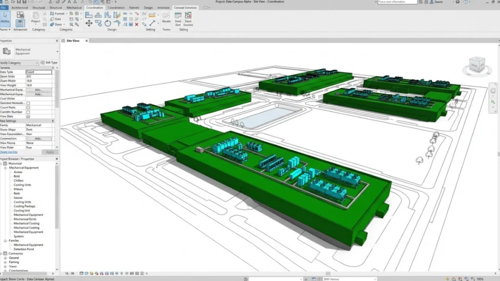 BIM site model of a Texas data centre campus with rooftop mechanical equipment coordinated across multiple buildings