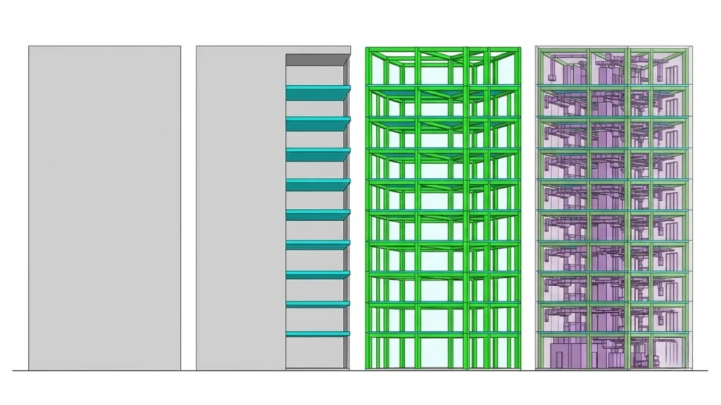 Building elevation sliced into four bands showing progression from massing to floor plates to structural frame to full MEP systems