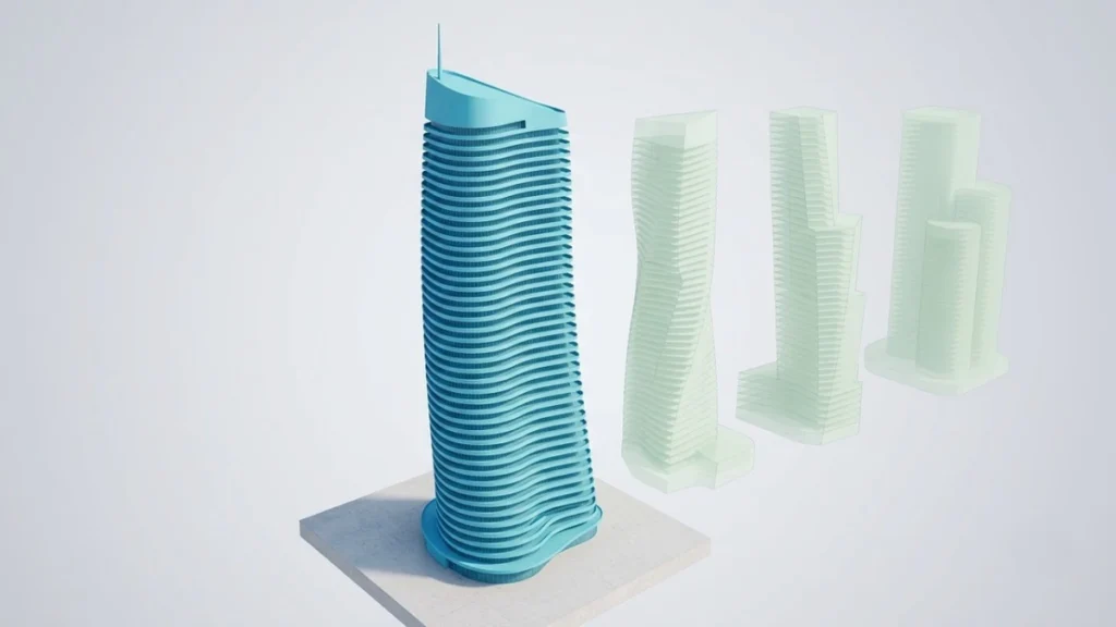 Curved-facade tower BIM model with three ghosted alternate massing options behind it, showing architectural design iteration