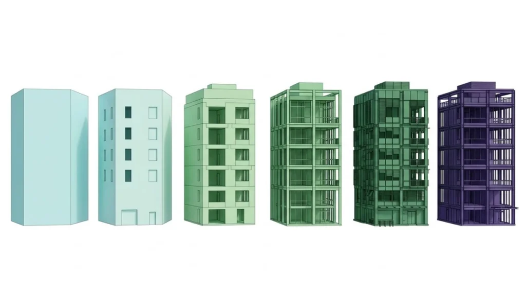 Six building models at increasing geometric detail illustrating LOD 100 through LOD 500 in BIM