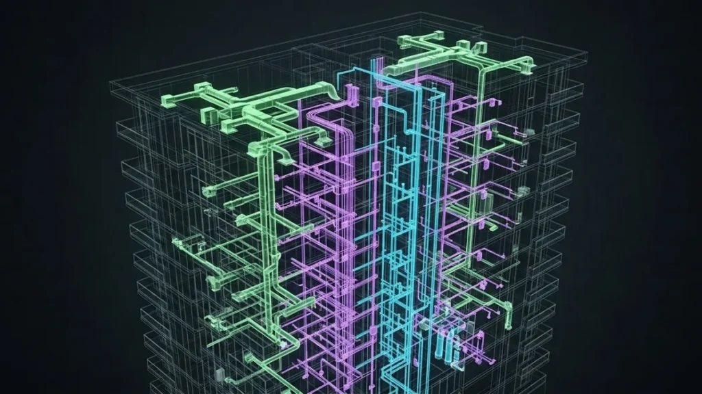 X-ray building model showing mechanical ductwork, electrical conduit and plumbing routed as separate MEP systems