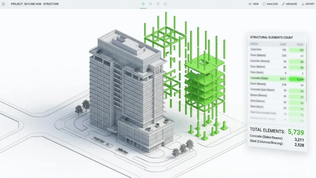 BIM model with structural elements extracted and counted beside a quantity takeoff panel showing element totals