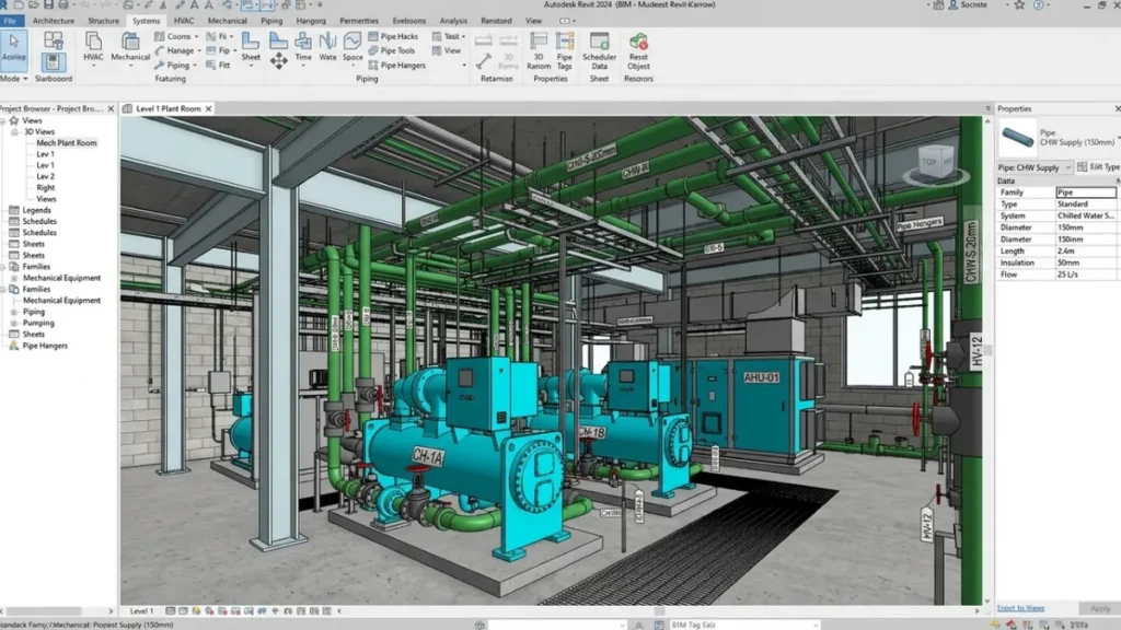 Revit MEP model of a mechanical plant room with chillers, air handling units and overhead pipe racks