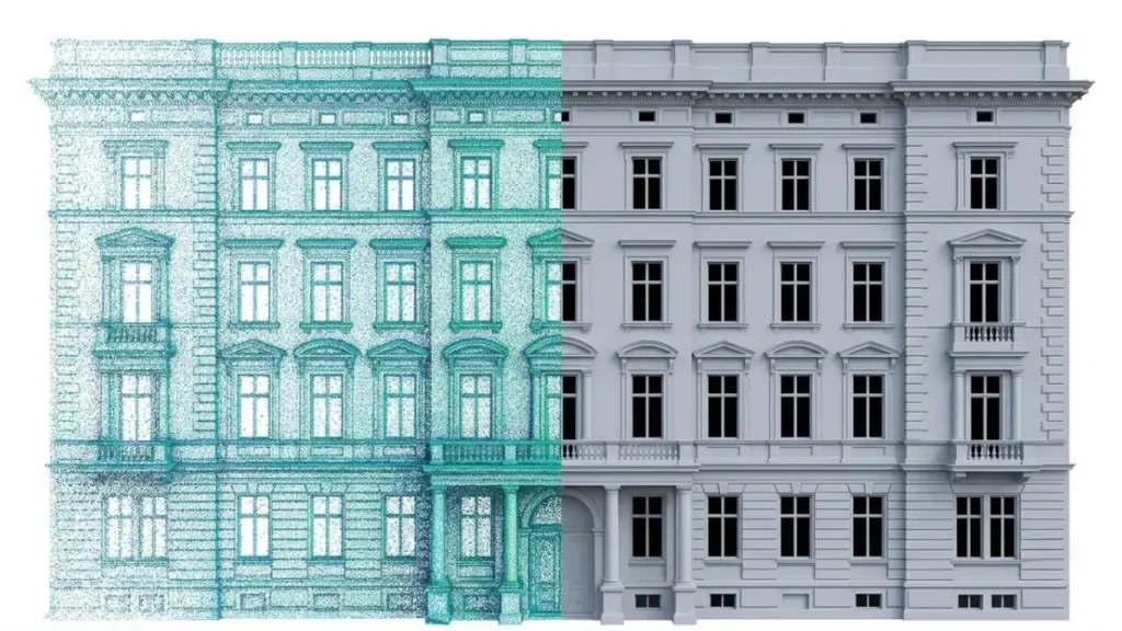 Building facade shown half as a laser-scanned point cloud and half as clean modelled BIM geometry