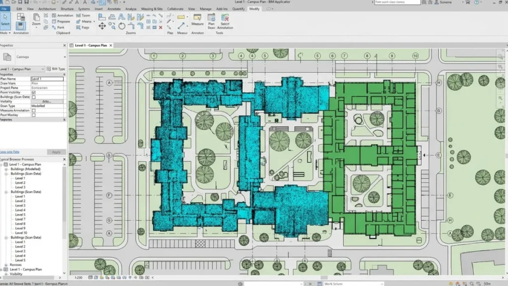 Campus plan showing three buildings as point cloud scan data and three as completed BIM models for a phased renovation