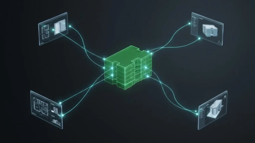 Central BIM model connected by glowing links to four remote workstation panels, illustrating a distributed BIM team
