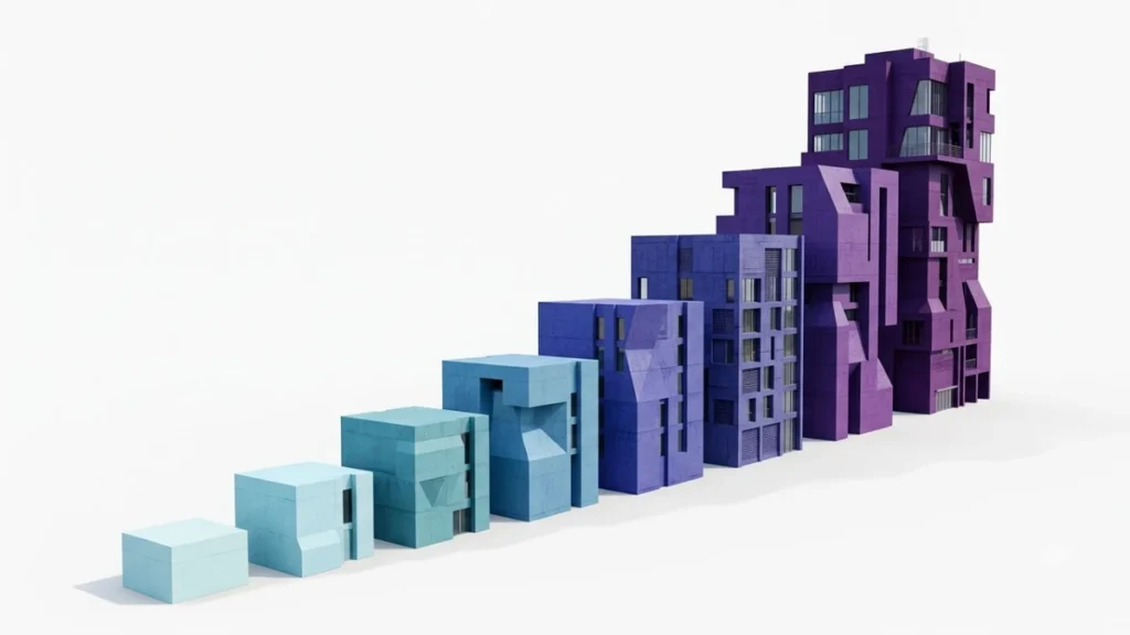 Eight building blocks rising in a stepped progression representing the stages of BIM and VDC adoption