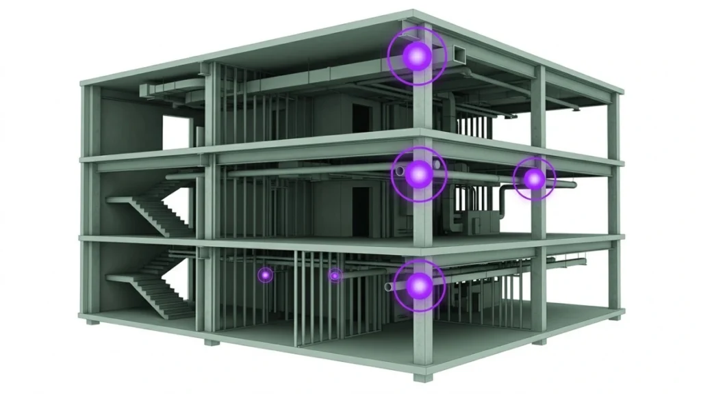 Building cutaway with glowing clash markers where ducts and structural beams intersect, showing preconstruction coordination risk