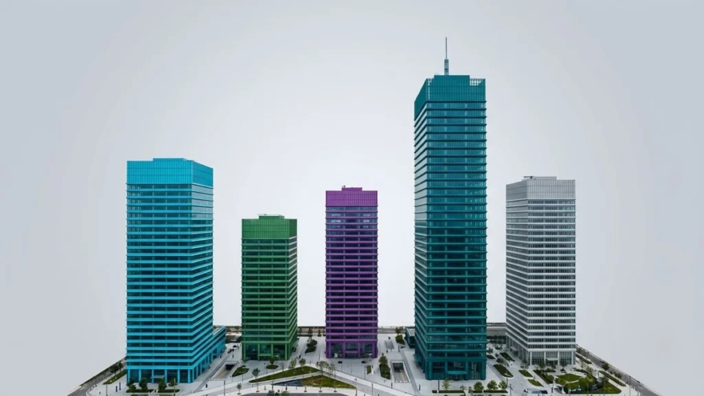 Skyline of five colour-coded towers representing Excelize BIM project delivery for US construction firms