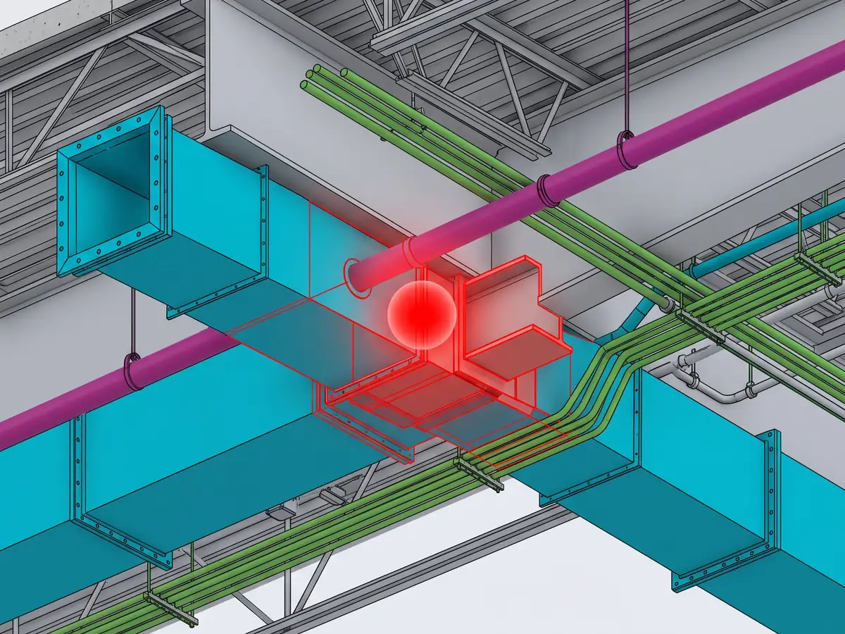 Navisworks-style clash detection — duct and steel beam conflict