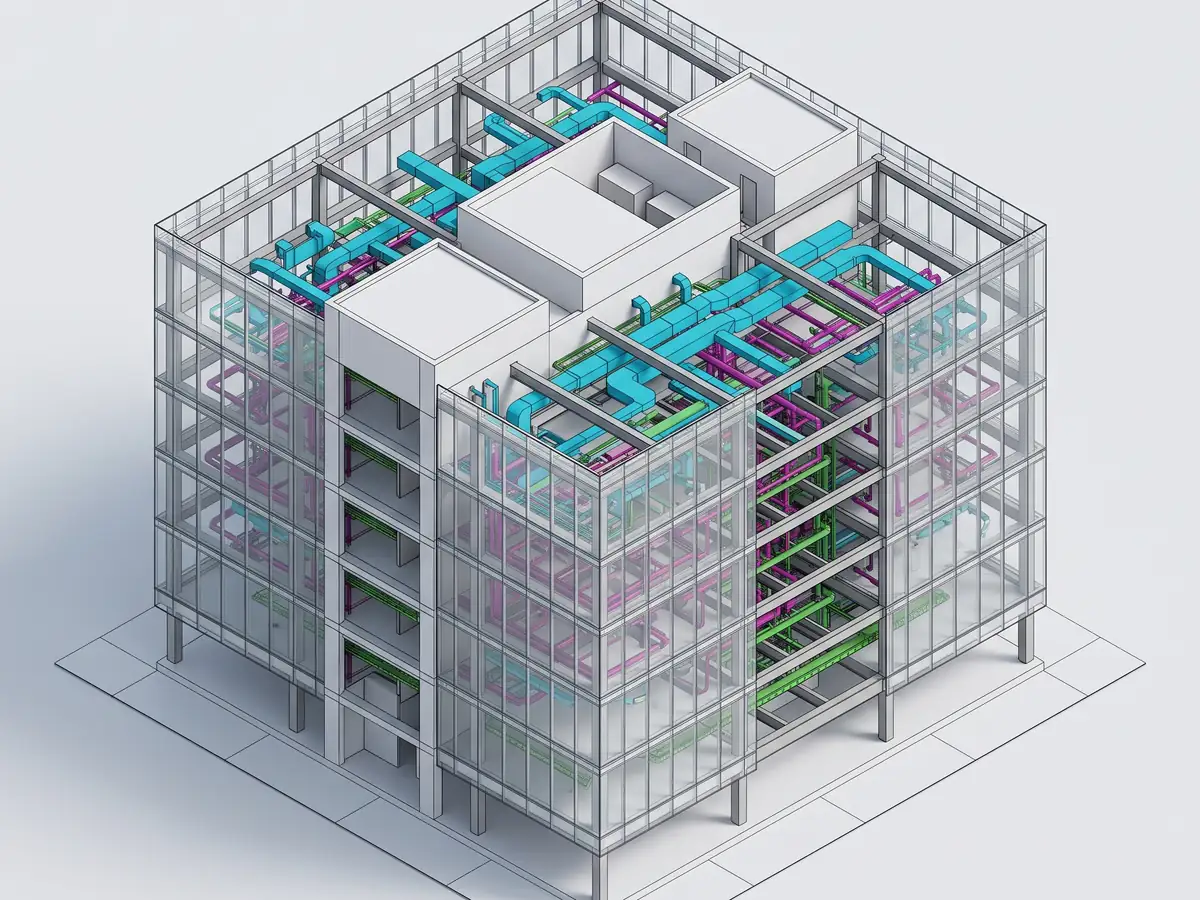 Complete federated BIM model with color-coded MEP systems